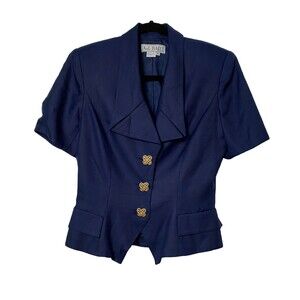 AJ Bari Blue Top Peplum Blouse 100% Silk Size 8 Vintage Style 80s Top